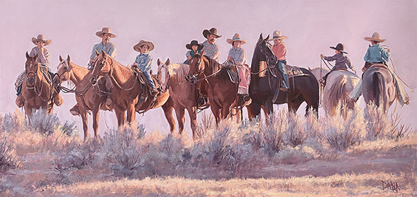 Riders and horses in a row