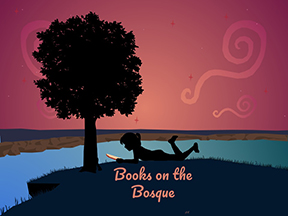 Books logo girl reading beside stream